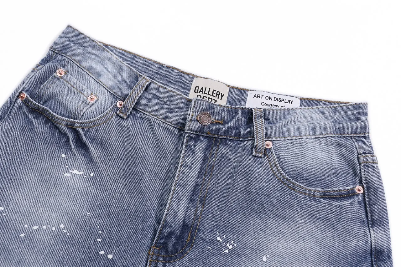 p240 (detail picture) 638#Gallery Dept new style splash ink hole knife cut washed blue micro-flare jeans versatile casual pants American high street trousers washed blue S~XL
